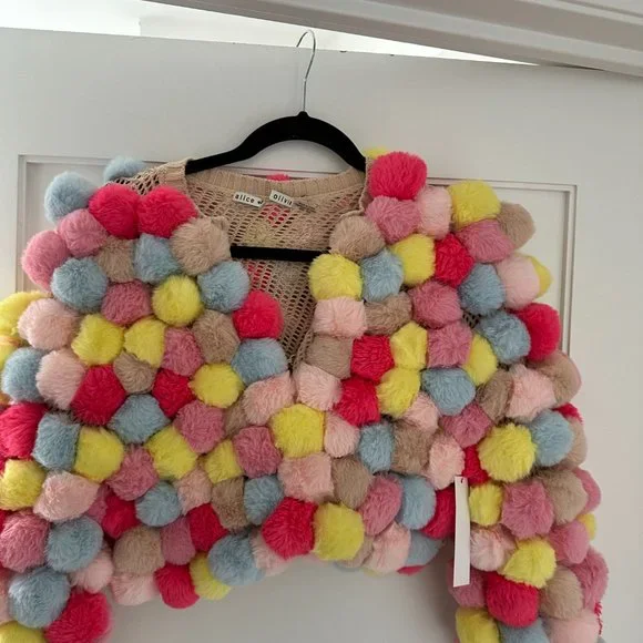 ❌SOLD❌Alice + Olivia Fawn Pompom Cropped Jacket XS/S Multicolor Cardigan Ribbed - Picture 13 of 15
